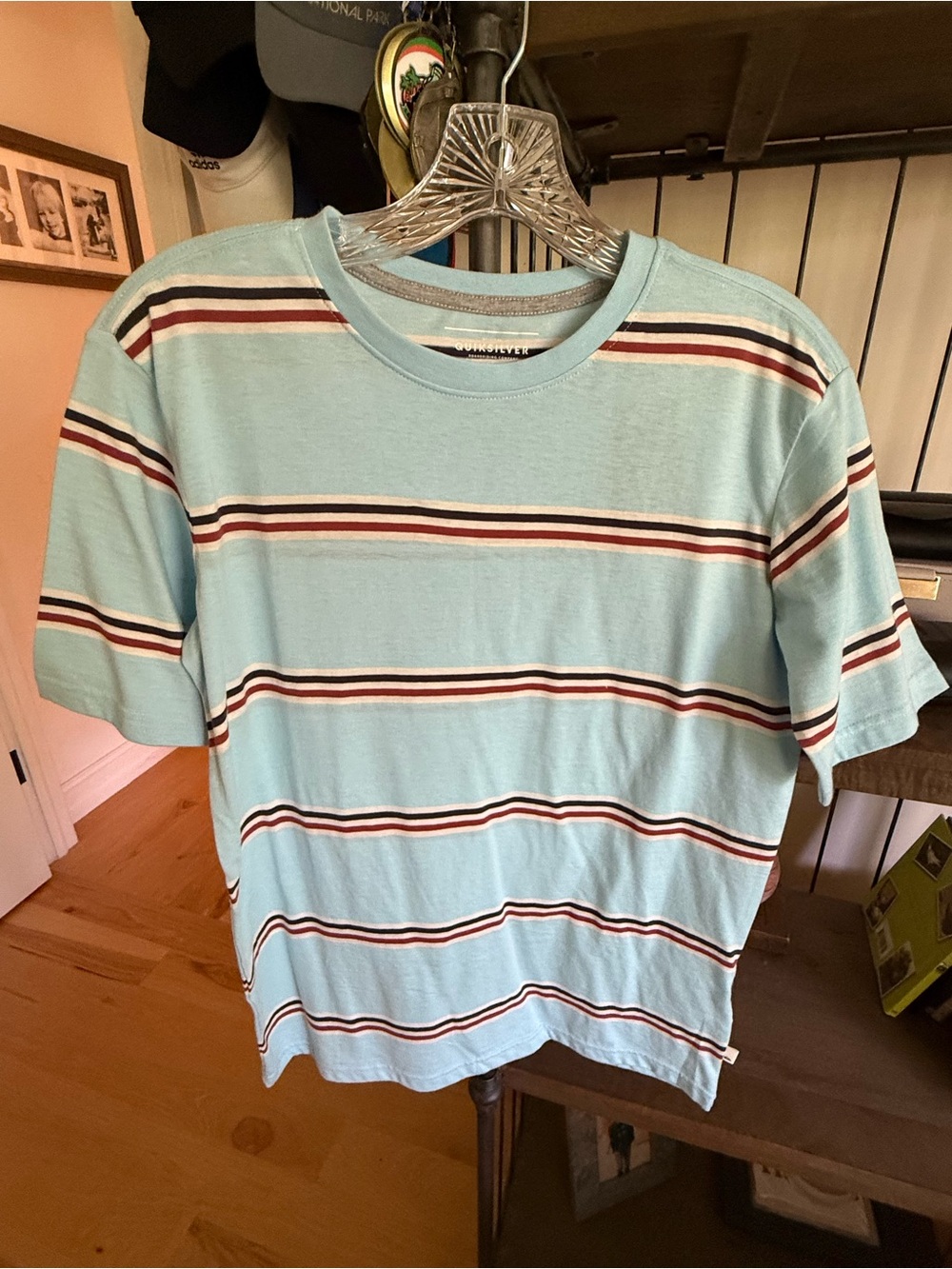 Quiksilver Light Blue Short-Sleeve Tee with Red & Black Stripes